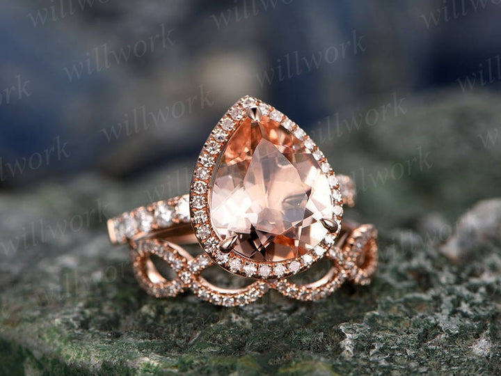 2pcs tear dropped morganite engagement ring set 14k rose gold matching band diamond halo big gift wedding bridal promise ring set for her