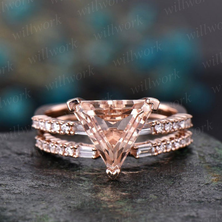 2pcs trillion cut morganite engagement ring set 14k rose gold real diamond vintage antique unique promise bridal wedding ring set for her