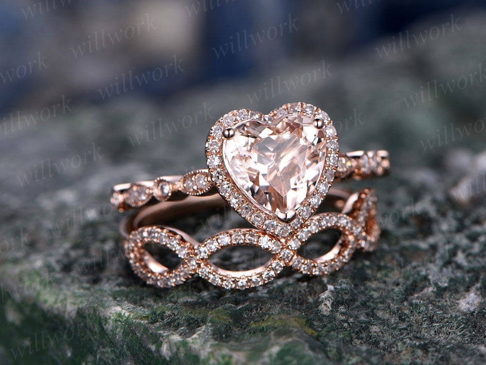 Morganite engagement ring-handmade Solid 14k Rose gold ring-Real Floral Diamond band-Heart shaped Cut gemstone promise ring-Bridal Ring set