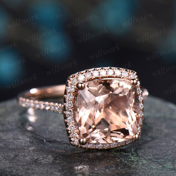 Morganite engagement ring Rose Gold -Solid 14k gold ring-Real Diamond Ring-8mm Cushion gemstone promise ring-Bridal Ring-halo diamond band