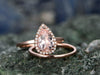 2pcs Tear Droped Morganite engagement ring set-Solid 14k Rose gold ring-Plain matching band- promise ring-anniversary ring for her-pave set