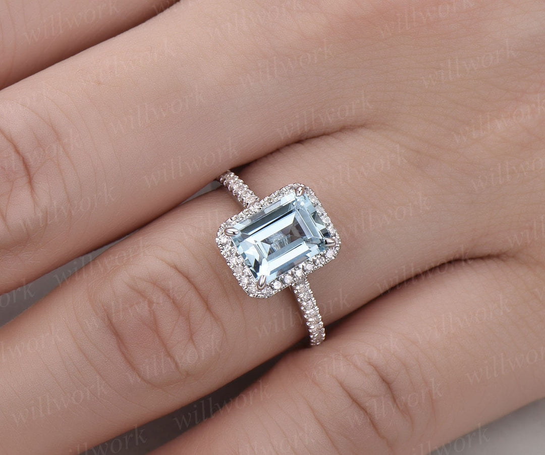 Aquamarine ring vintage unique Emerald cut aquamarine engagement ring white gold halo half eternity diamond ring for women promise ring gift