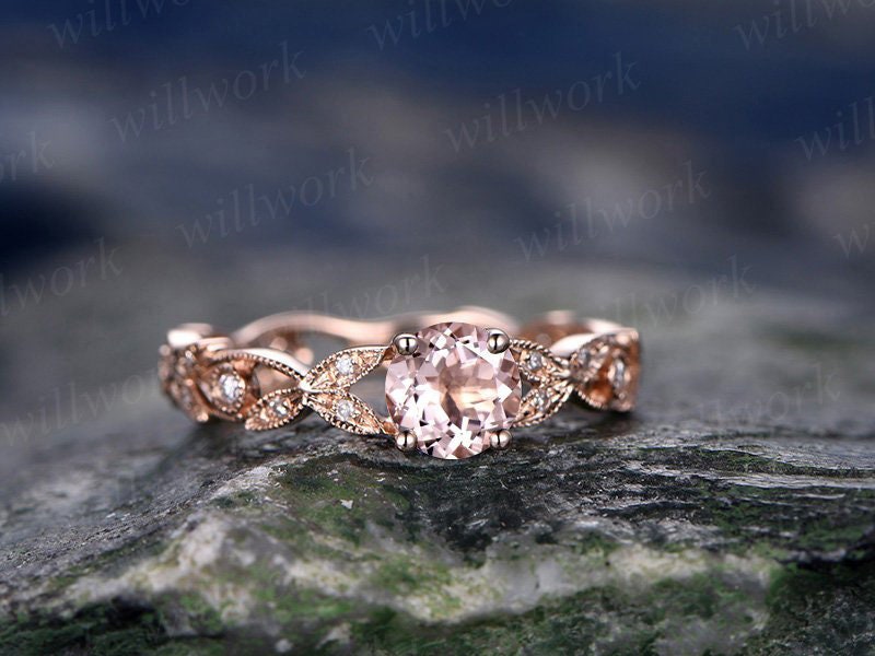 Pink morganite engagement ring-Solid 14k Rose gold-handmade full eternity diamond ring-5mm Round cut gemstone promise ring-Art Deco ring