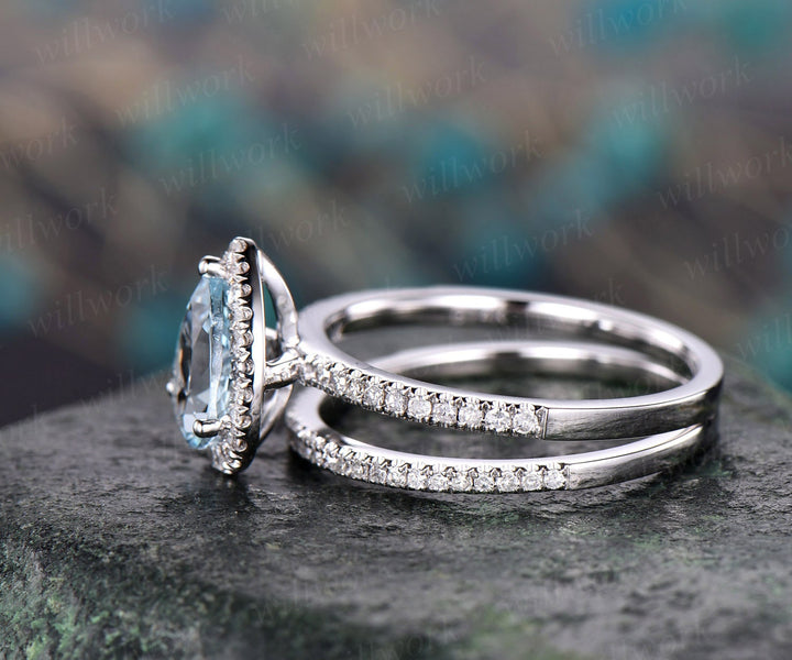 Pear cut aquamarine engagement ring set 14k white gold 2pc diamond halo ring matching antique jewelry gift wedding bridal promise ring set