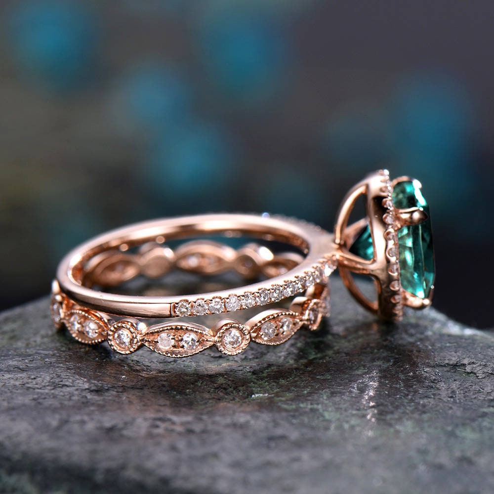 Emerald ring vintage emerald engagement ring set rose gold full eternity matching marquise diamond halo ring band bridal wedding ring set