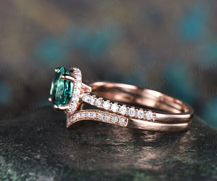 2pcs green emerald ring emerald engagement ring set rose gold vintage under moissanite halo May birthstone 2pcs wedding promise brdial ring