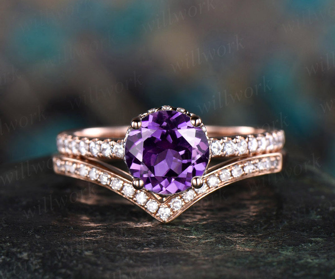 Purple amethyst engagement ring set rose gold under halo moissanite 2pc stacking matching crown unique wedding bridal promise ring set gift