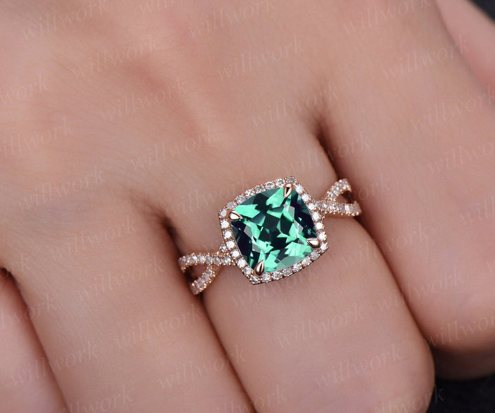 Cushion emerald ring vintage emerald engagement ring rose gold halo diamond ring may birthstone infinity unique jewelry wedding bridal ring