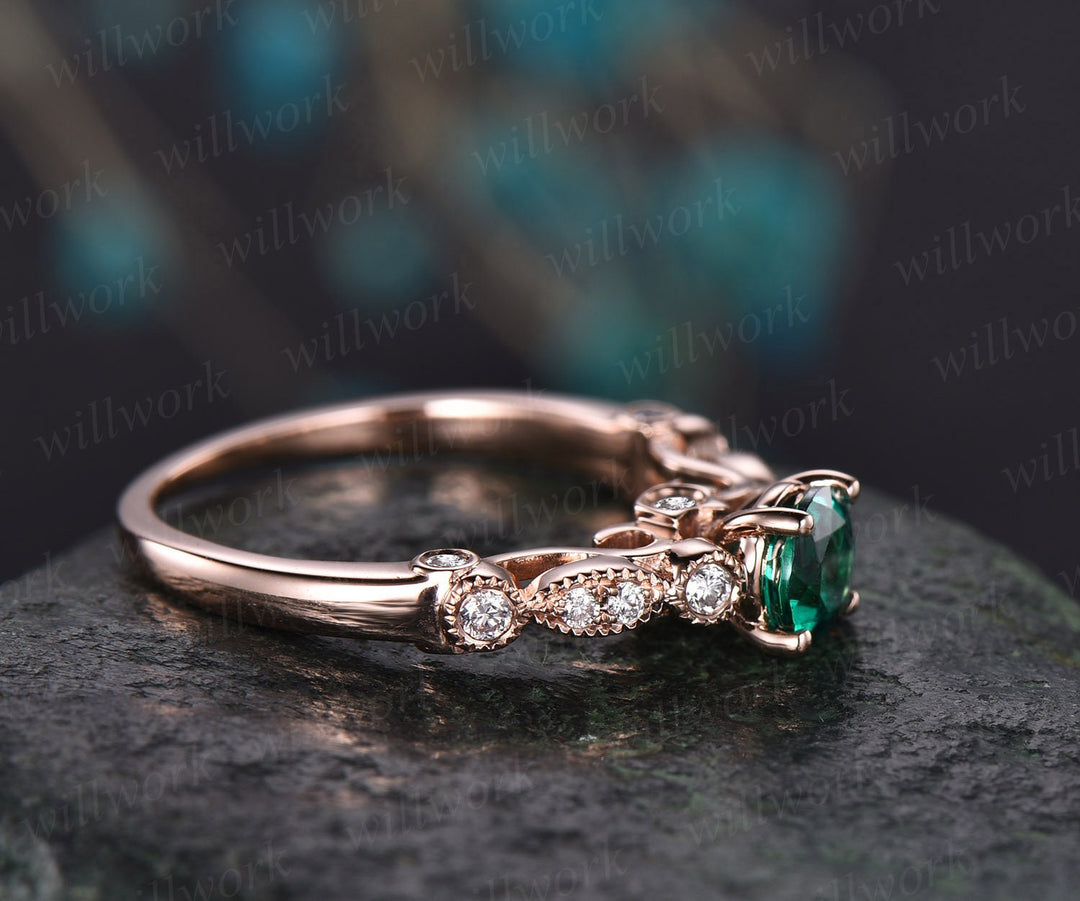 Rose gold ring 5mm green emerald ring vintage emerald engagement ring 14k rose gold diamond ring unique design antique may birthstone ring