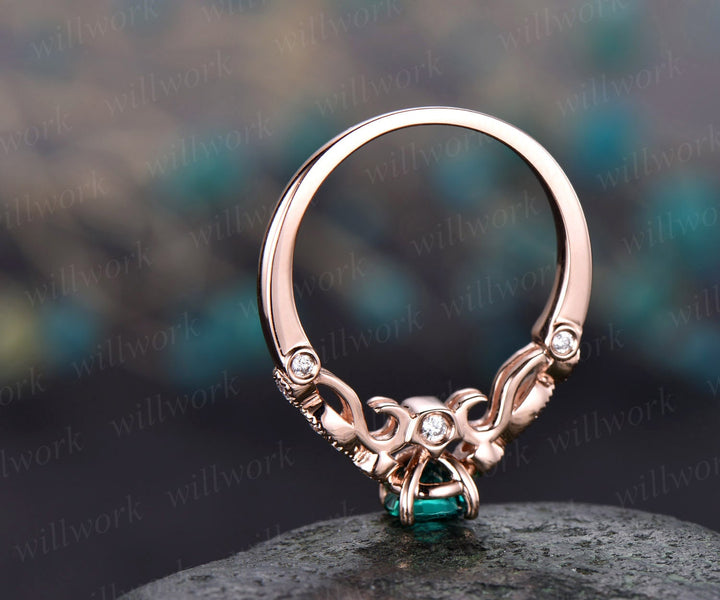 Rose gold ring 5mm green emerald ring vintage emerald engagement ring 14k rose gold diamond ring unique design antique may birthstone ring