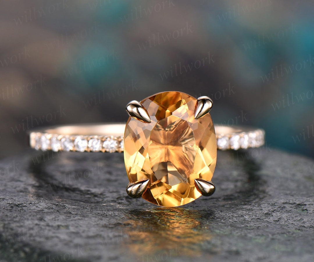 Natural oval citrine engagement ring solid 14k yellow gold citrine ring gold real diamond ring November birthstone ring wedding bridal ring