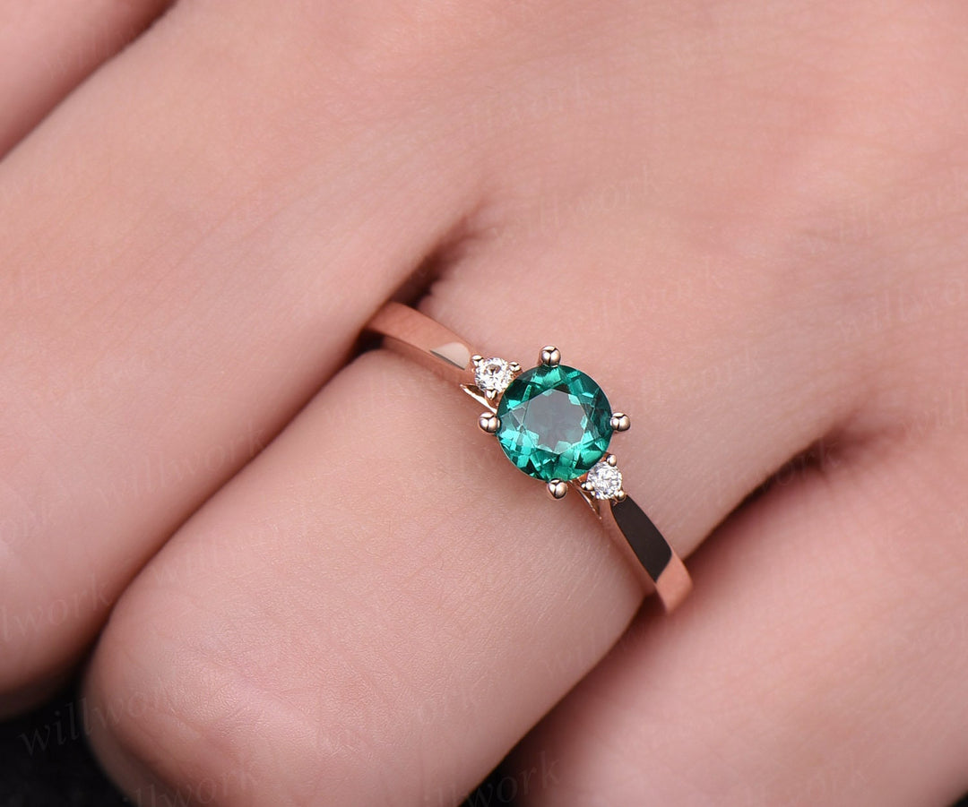 Three stone emerald engagement ring rose gold emerald ring gold diamond ring may birthstone antique Lab emerald wedding bridal promise ring
