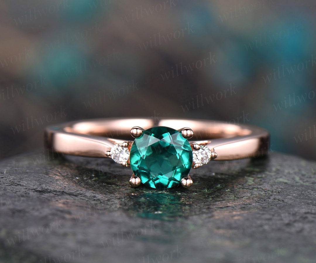 Three stone emerald engagement ring rose gold emerald ring gold diamond ring may birthstone antique Lab emerald wedding bridal promise ring
