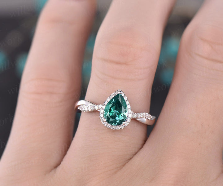 Pear cut green emerald engagement ring white gold emerald ring vintage real diamond halo ring unique May birthstone promise wedding ring