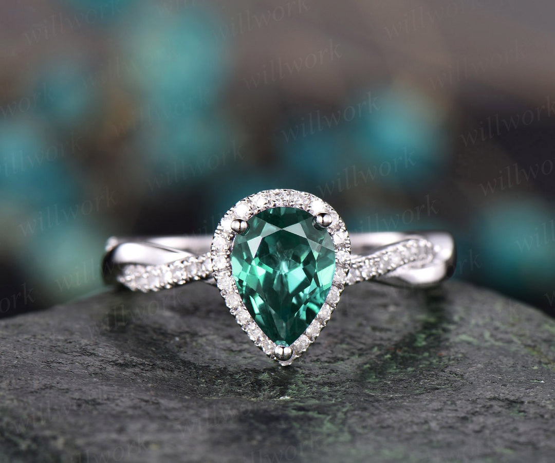Pear cut green emerald engagement ring white gold emerald ring vintage real diamond halo ring unique May birthstone promise wedding ring