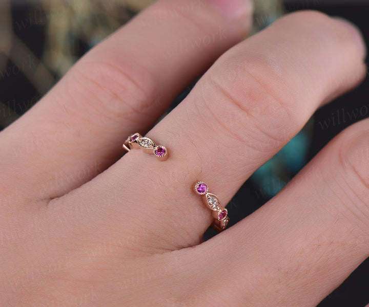 Natural ruby diamond wedding band 14k rose gold real diamond stacking matching wedding half eternity Migrain open gap art deco ring band