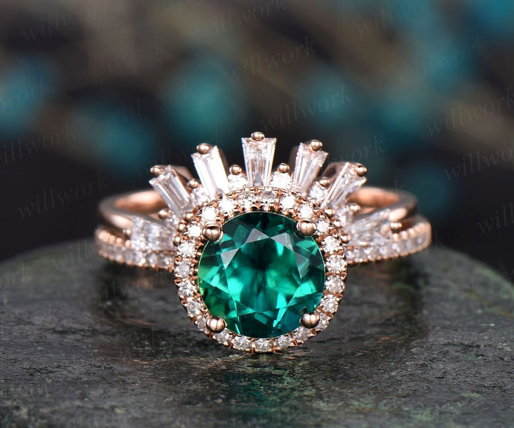 Green emerald engagement ring set rose gold real diamond ring matching stacking vintage unique crown halo wedding bridal promise ring set