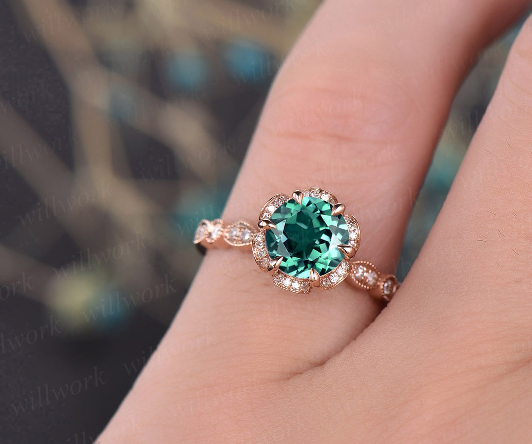 7mm emerald ring vintage emerald engagement ring 14k rose gold diamond under halo ring unique antique marquise floral wedding promise ring