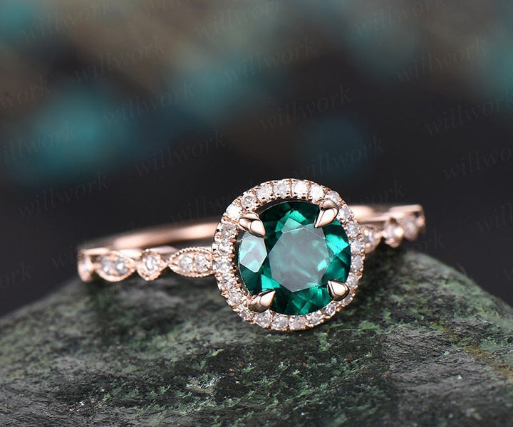 Art deco emerald ring gold green emerald engagement ring 14k rose gold vintage diamond halo marquise women gift wedding promise bridal ring