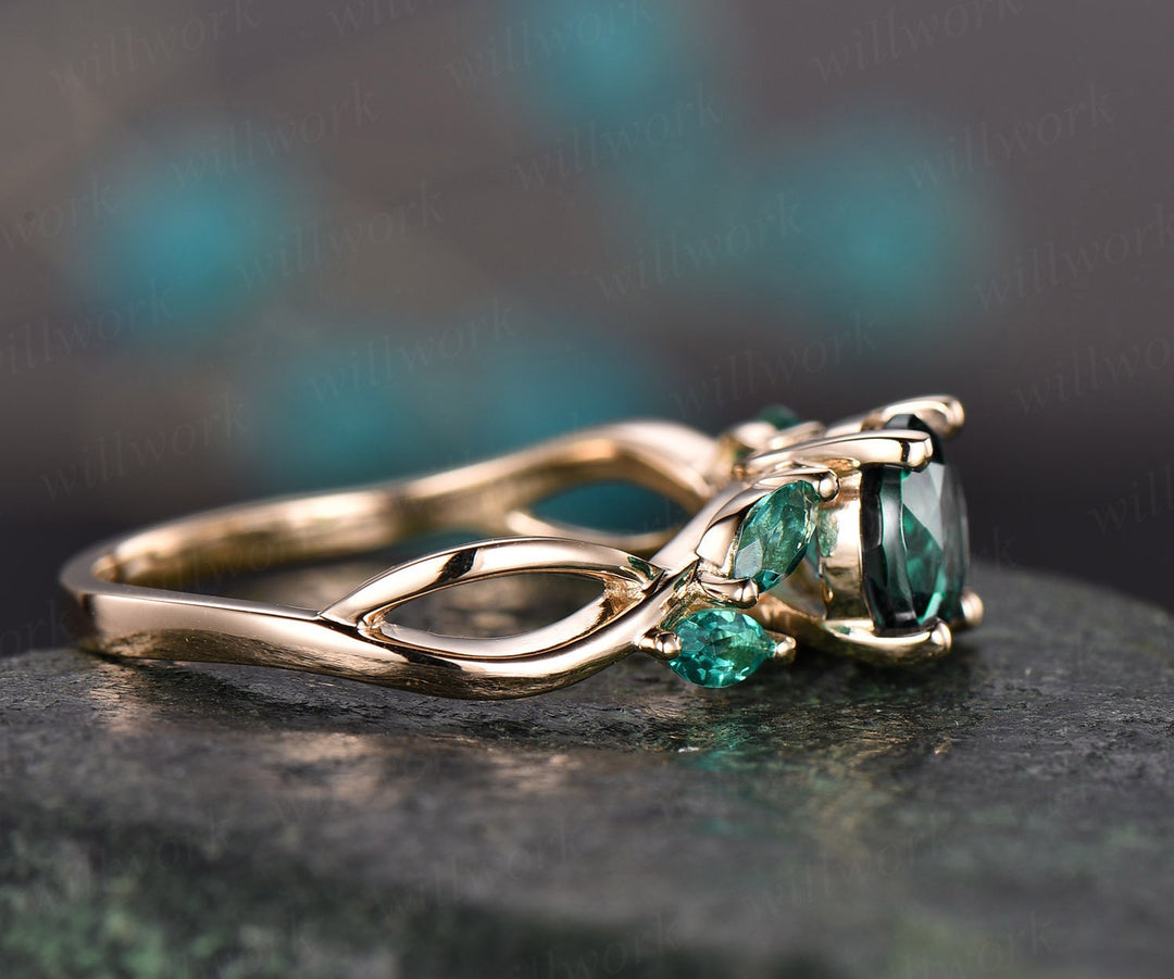 Green emerald engagement ring 14k yellow gold May birthstone ring 1ct emerald ring gold vintage art deco marquise unique women wedding ring