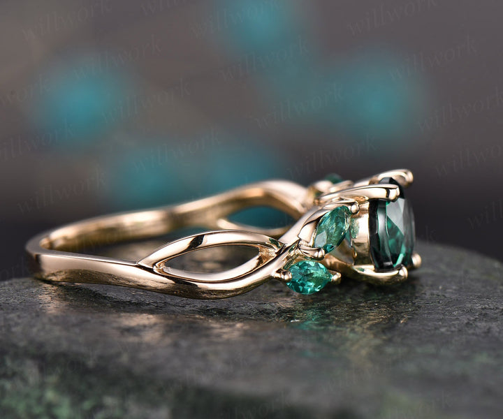 Green emerald engagement ring 14k yellow gold May birthstone ring 1ct emerald ring gold vintage art deco marquise unique women wedding ring