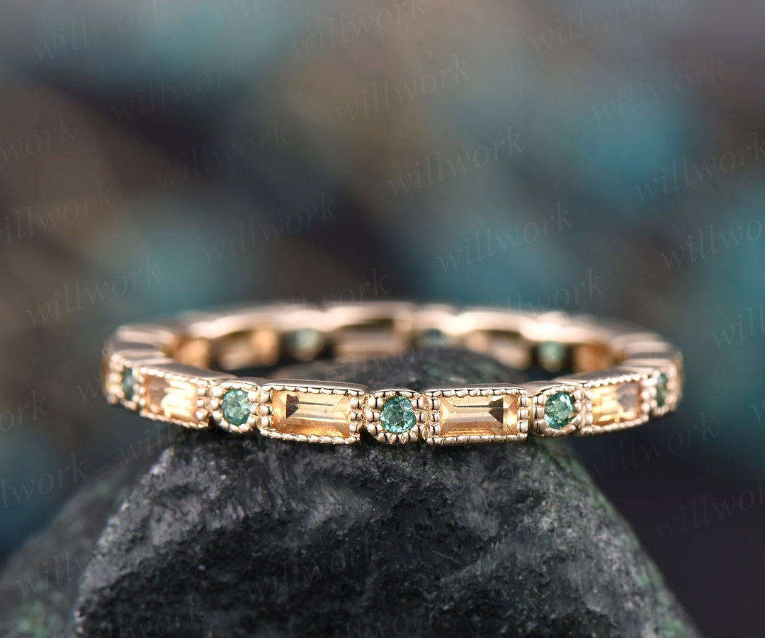 Natural citrine wedding band natural emerald wedding ring band solid 14k yellow gold unique ring full eternity matching band engagement ring