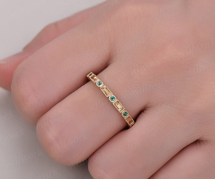 Natural citrine wedding band natural emerald wedding ring band solid 14k yellow gold unique ring full eternity matching band engagement ring