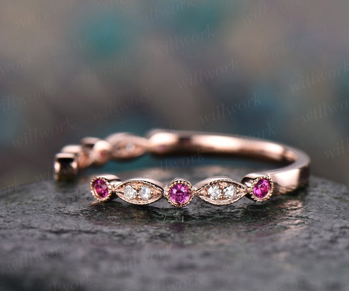 Natural ruby diamond wedding band 14k rose gold real diamond stacking matching wedding half eternity Migrain open gap art deco ring band