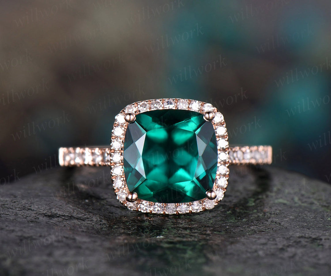 Cushion green emerald engagement ring solid 14k rose gold real diamond halo ring emerald ring vintage May birthstone wedding promise ring