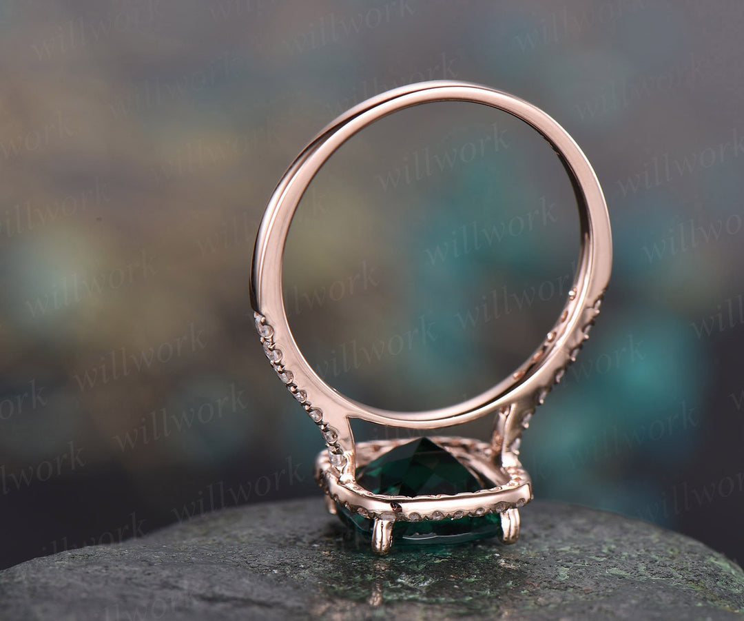 Cushion green emerald engagement ring solid 14k rose gold real diamond halo ring emerald ring vintage May birthstone wedding promise ring