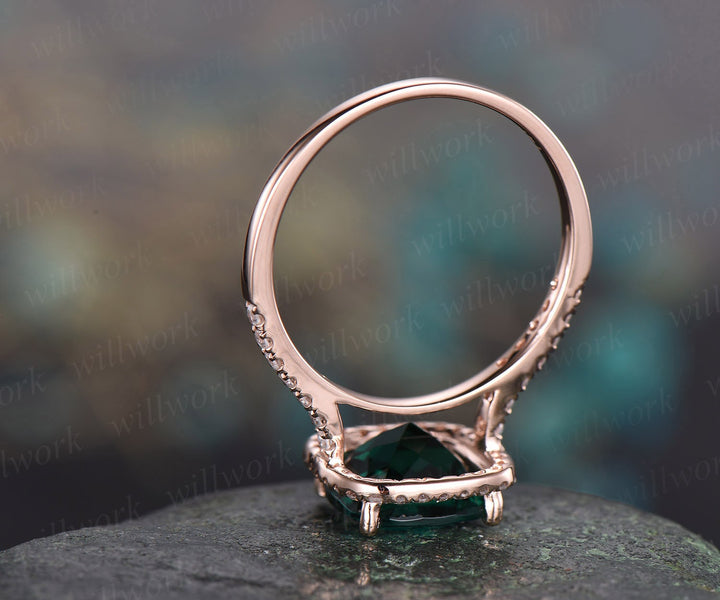 Cushion green emerald engagement ring solid 14k rose gold real diamond halo ring emerald ring vintage May birthstone wedding promise ring