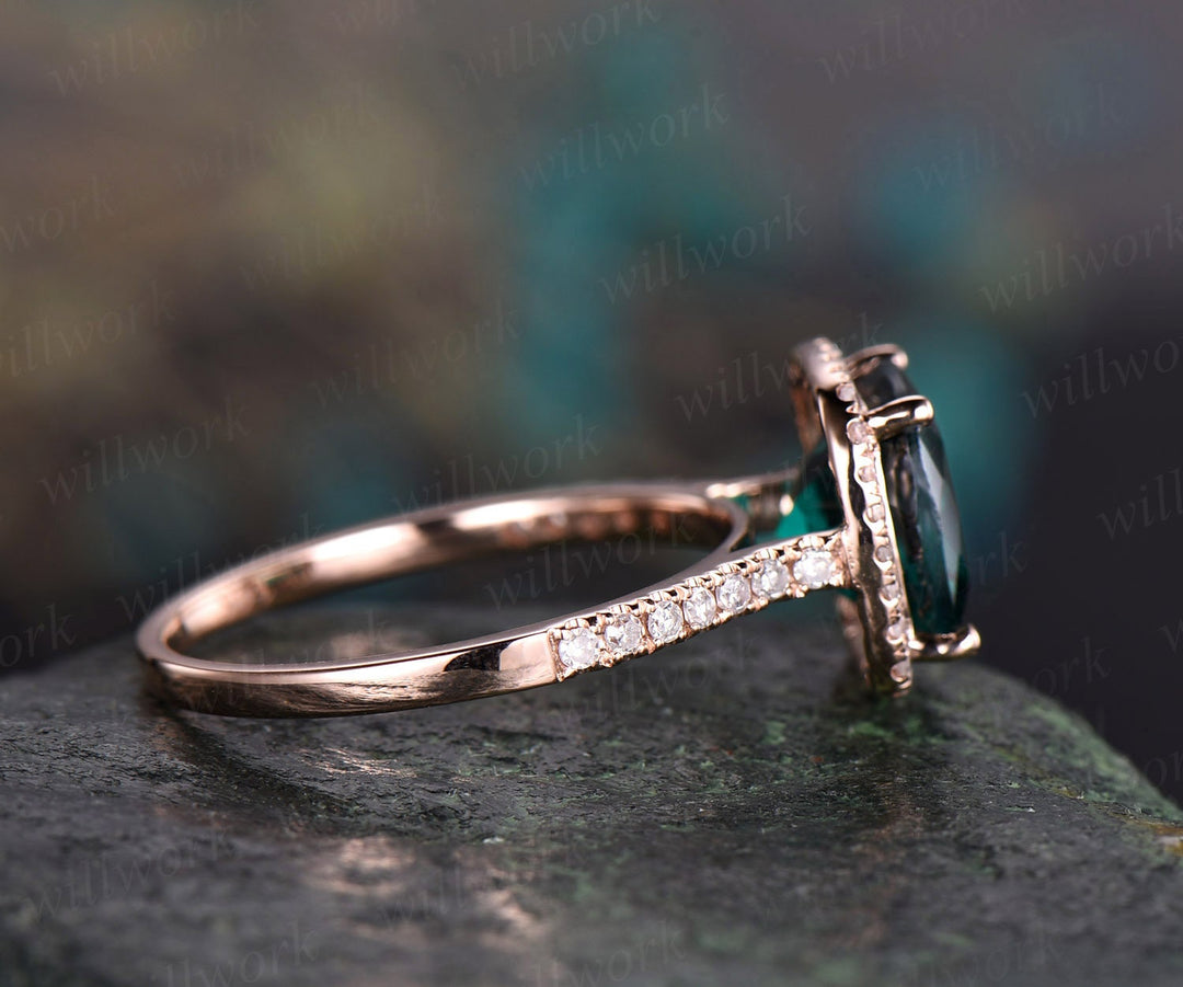 Cushion green emerald engagement ring solid 14k rose gold real diamond halo ring emerald ring vintage May birthstone wedding promise ring