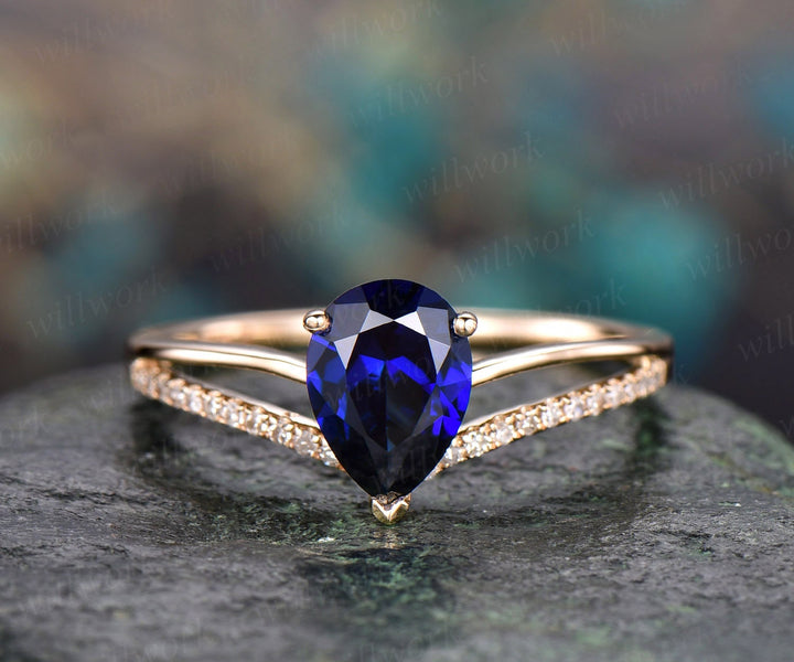 Pear blue sapphire engagement ring solid 14k yellow gold ring split shank diamond ring 6x8mm sapphire ring vintage gold women wedding ring