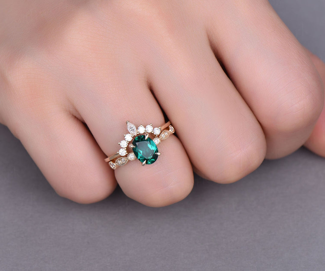 2pc emerald engagement ring set 14k yellow gold art deco diamond ring crown moissanite wedding matching May birthstone ring fine jewelry