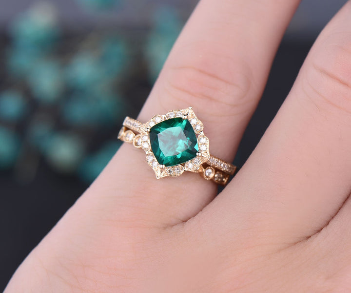 Green emerald engagement ring set yellow gold 2pc flower diamond halo full eternity matching art deco wedding May birthstone bridal ring set