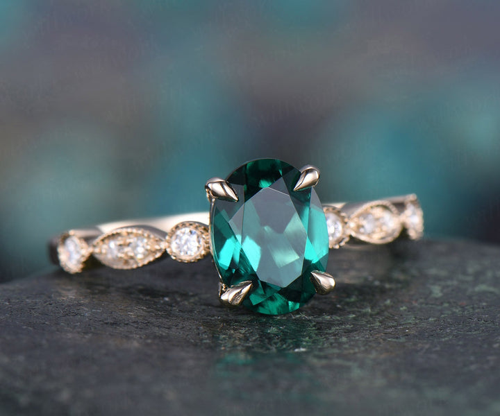 Green emerald engagement ring solid 14k rose gold 6x8mm oval cut emerald ring gold vintage art deco diamond ring bridal wedding promise ring