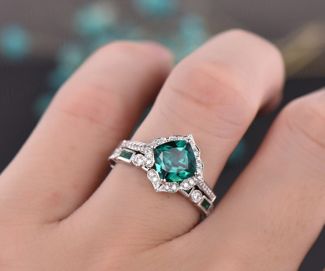 Green emerald engagement ring set white rose gold 2pc flower diamond halo full eternity emerald matching May birthstone bridal wedding ring