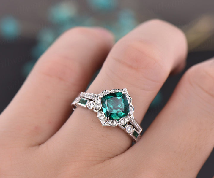 Green emerald engagement ring set white rose gold 2pc flower diamond halo full eternity emerald matching May birthstone bridal wedding ring