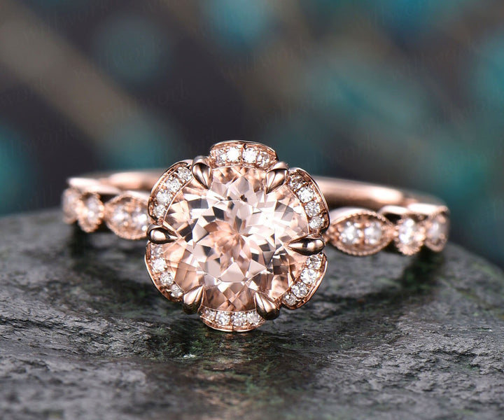 Vintage round cut morganite engagement ring  14k rose gold double under halo diamond ring half eternity art deco unique wedding ring women