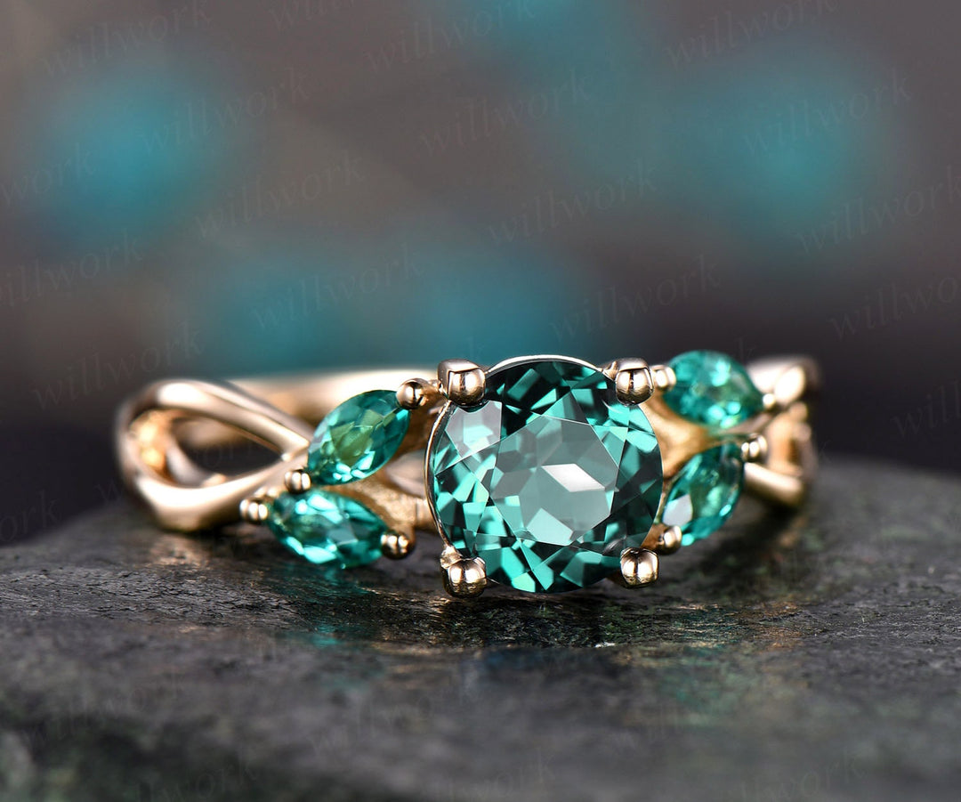 Green emerald engagement ring 14k yellow gold May birthstone ring 1ct emerald ring gold vintage art deco marquise unique women wedding ring