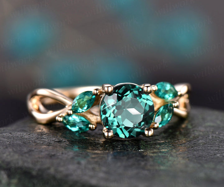 Green emerald engagement ring 14k yellow gold May birthstone ring 1ct emerald ring gold vintage art deco marquise unique women wedding ring