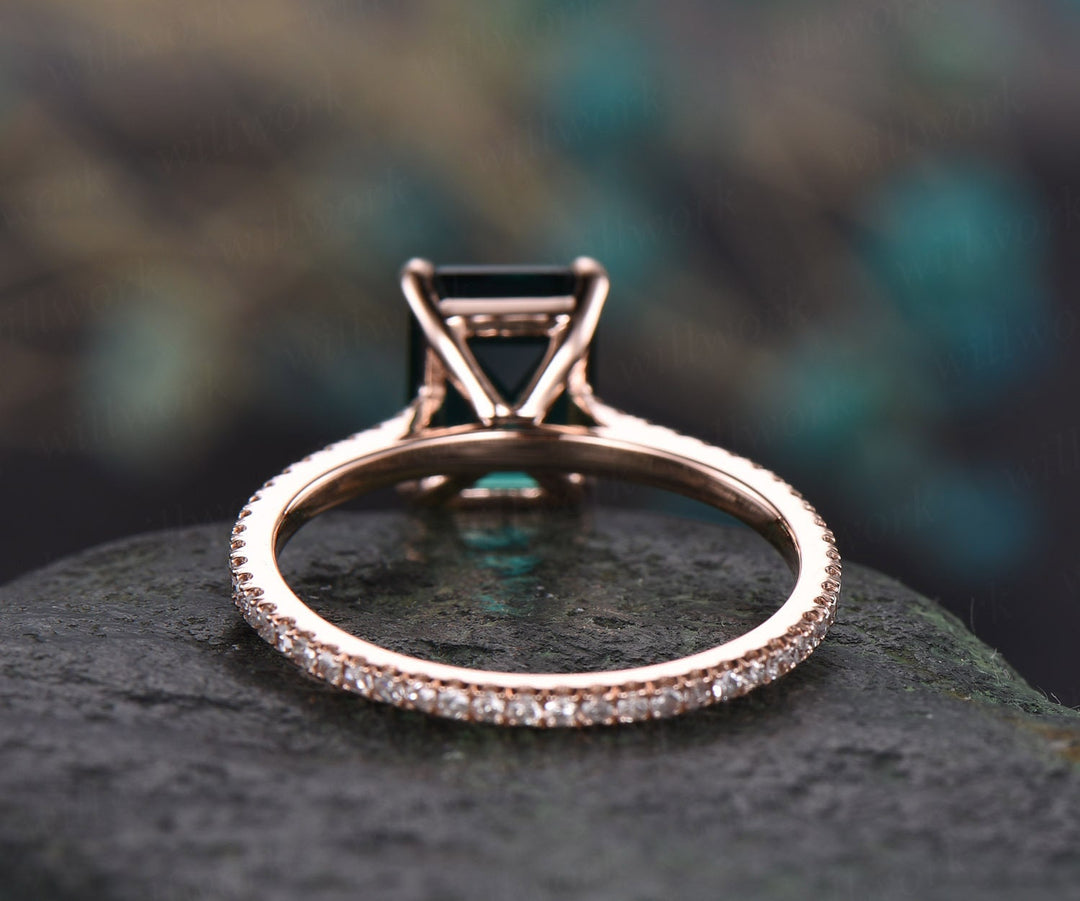 Unique vintage engagement ring 6x8mm emerald cut emerald engagement ring 14k rose gold full eternity diamond ring band gift custom jewelry