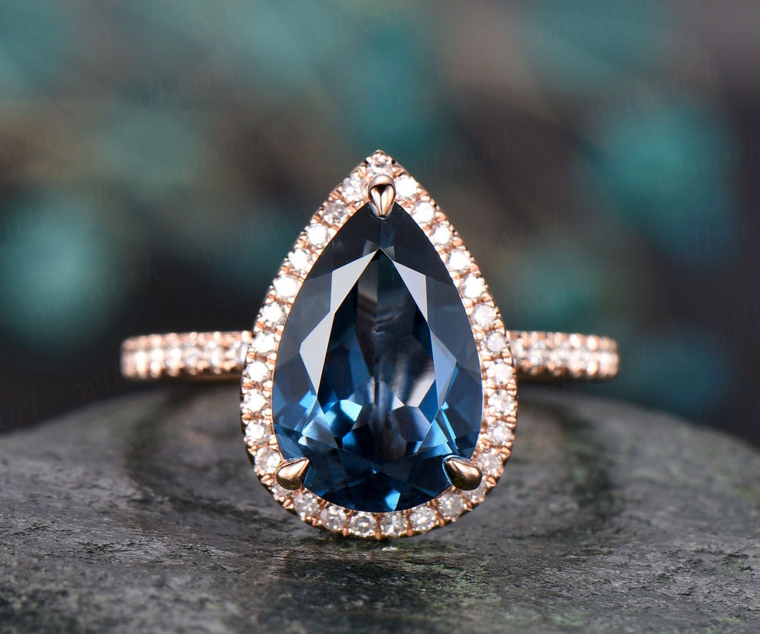 8x12mm London blue topaz engagement ring rose gold diamond halo ring big topaz ring gold unique pear antique wedding bridal promise ring