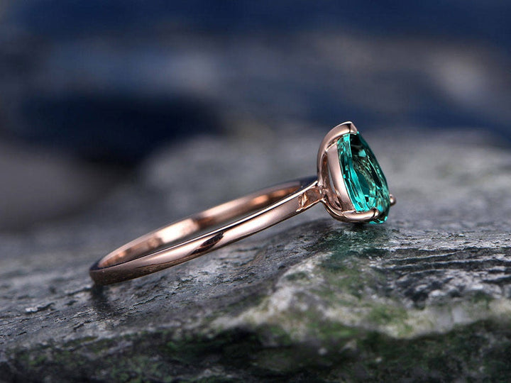 Emerald engagement ring solitaire tear drop emerald ring vintage solid 14k rose gold ring May birthstone wedding women promise bridal ring