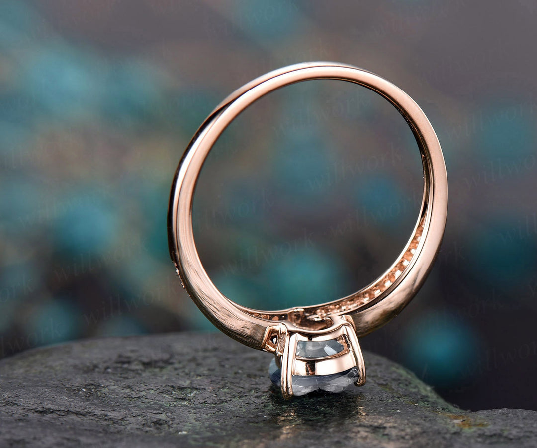 6x8mm Pear natural moonstone engagement ring rose gold split shank real diamond ring June birthstone vintage gold women wedding bridal ring