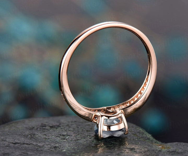 6x8mm Pear natural moonstone engagement ring rose gold split shank real diamond ring June birthstone vintage gold women wedding bridal ring