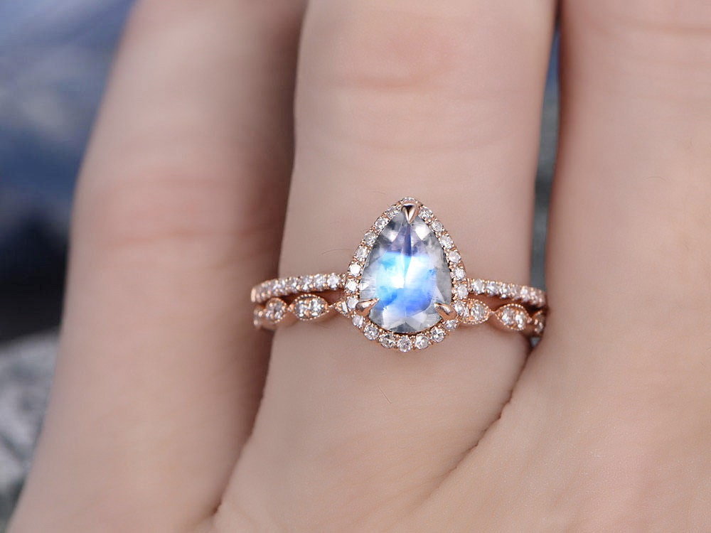 2pc moonstone wedding bridal ring set natural moonstone engagement ring set rose gold vintage matching June birthstone women promise ring
