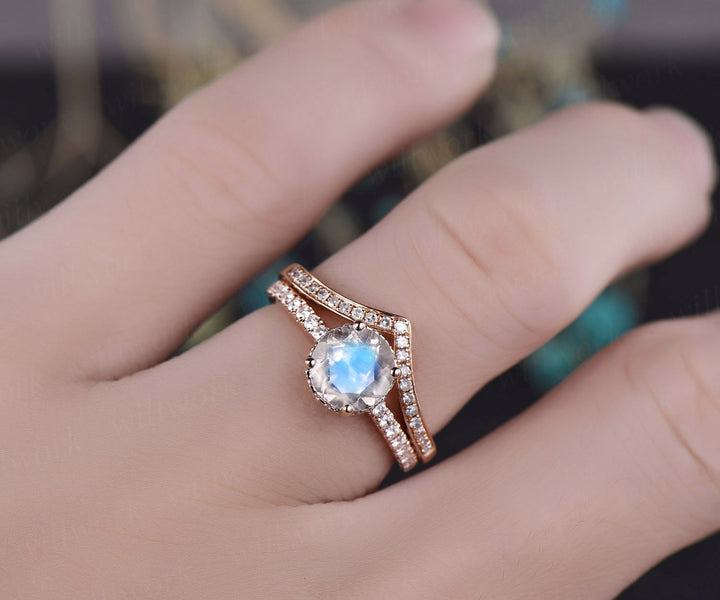 Natural moonstone ring gold vintage 2pc moonstone engagement ring set rose gold under halo moissanite matching crown wedding bridal ring set