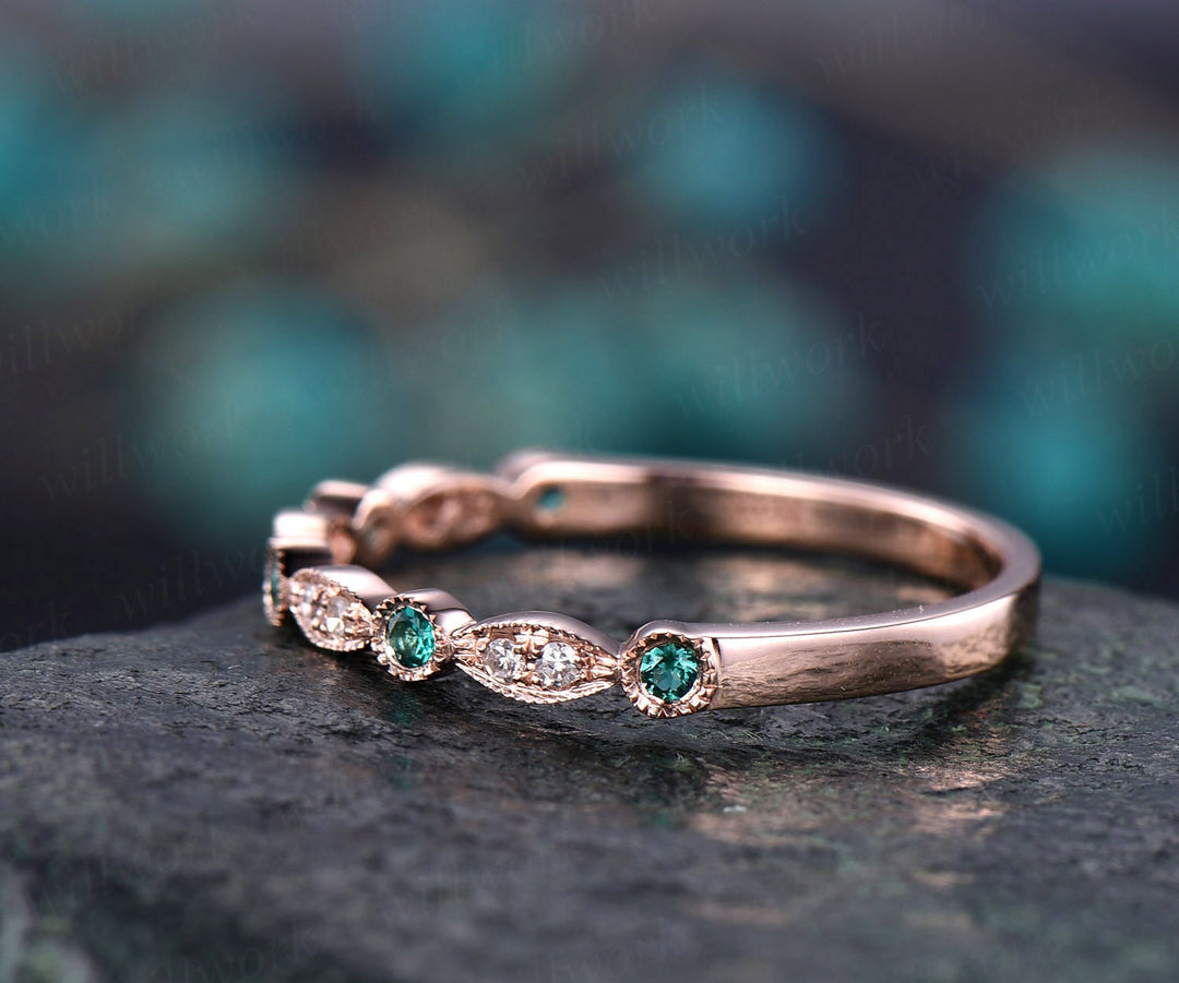 Natural emerald wedding ring band half eternity diamond wedding band 14k rose gold art deco marquise engagement May birthstone promise ring