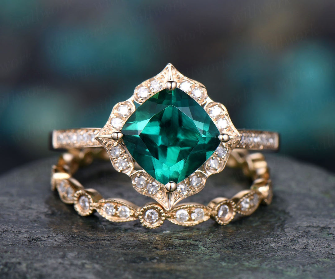 Green emerald engagement ring set yellow gold 2pc flower diamond halo full eternity matching art deco wedding May birthstone bridal ring set